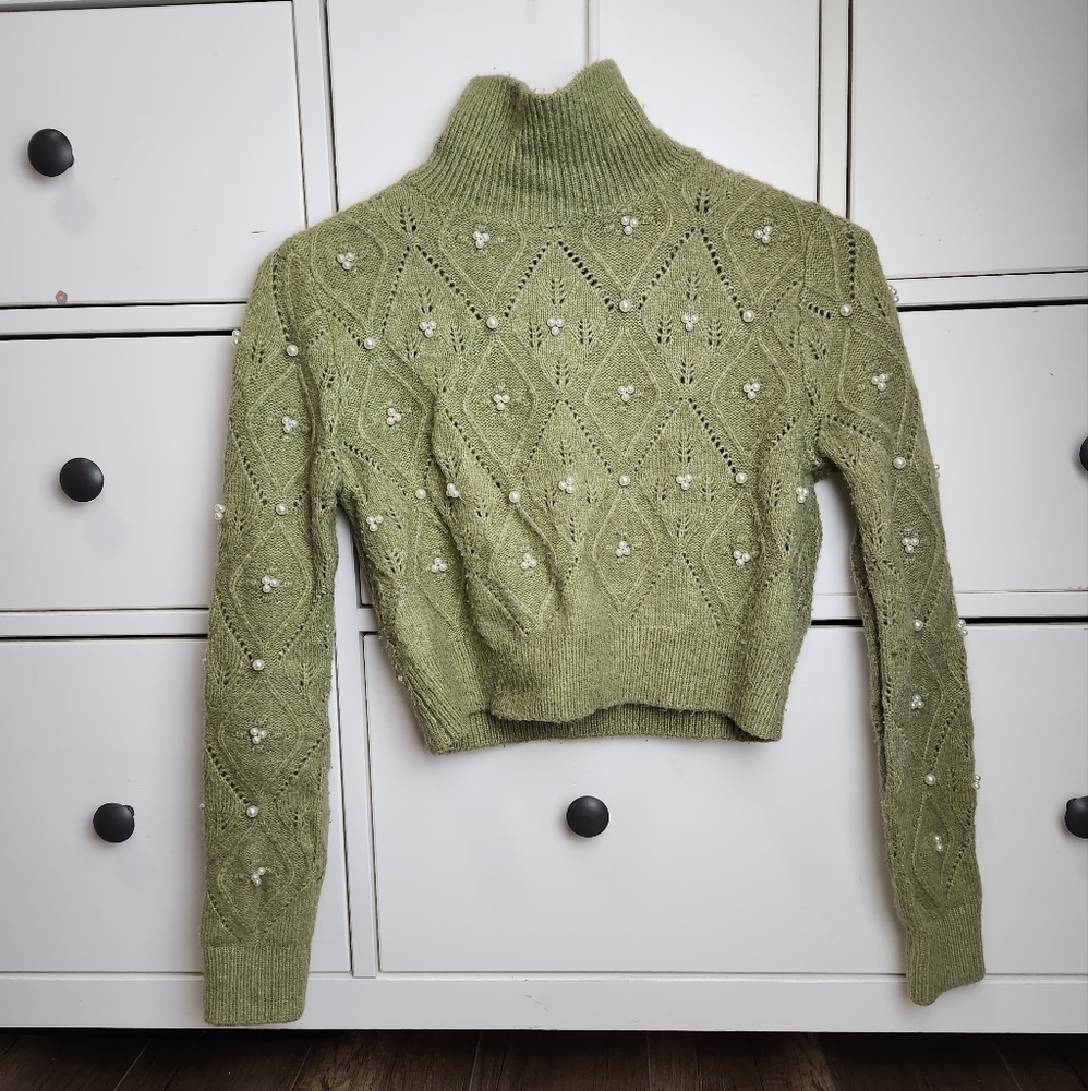 Zara Women's faux pearls diamond cable knit Mock Neck semi crop Green sweater S - Picture 6 of 15